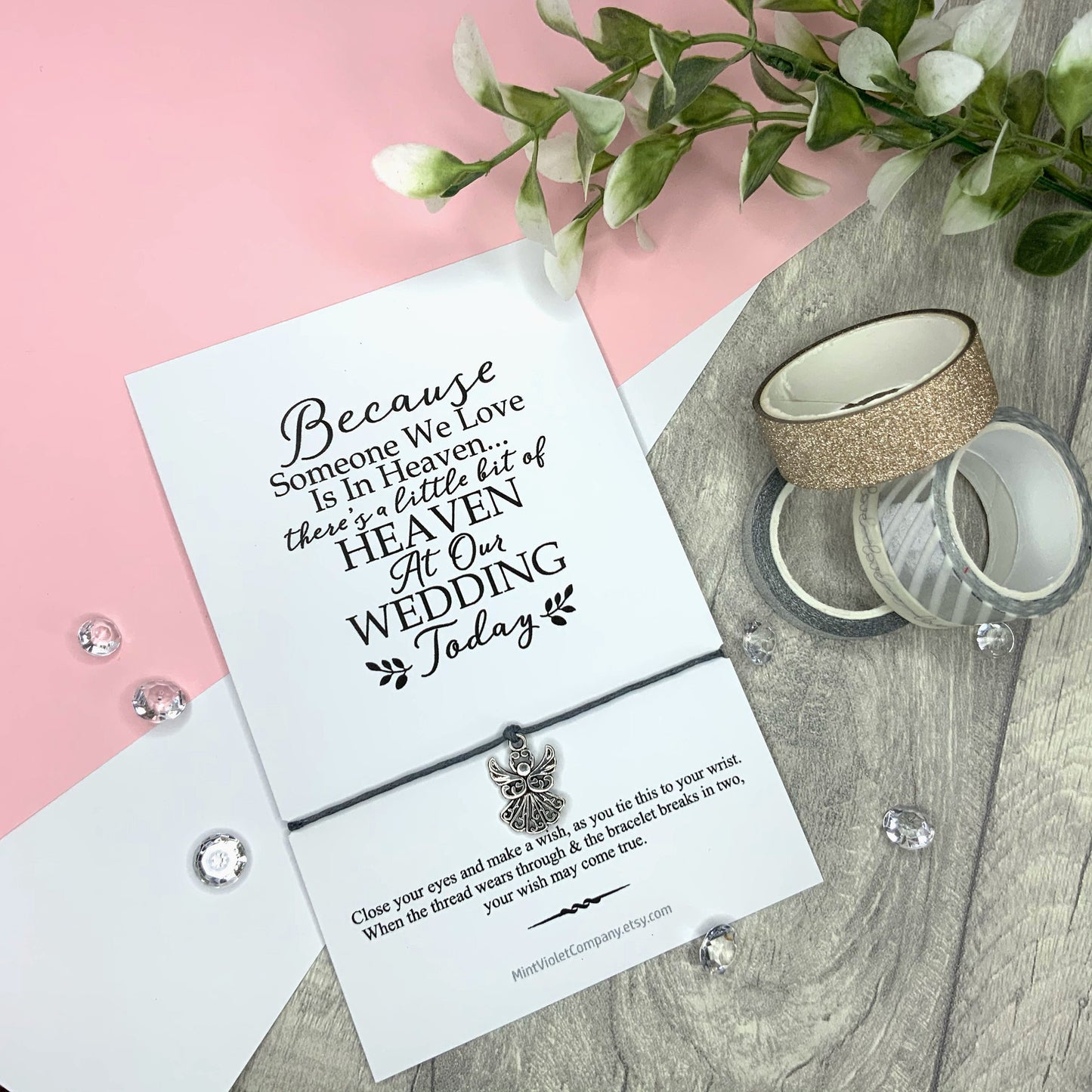 In loving memory remembrance wedding gift card, memorial card for bride and groom, string wish bracelet for newly wed guardian angel charm