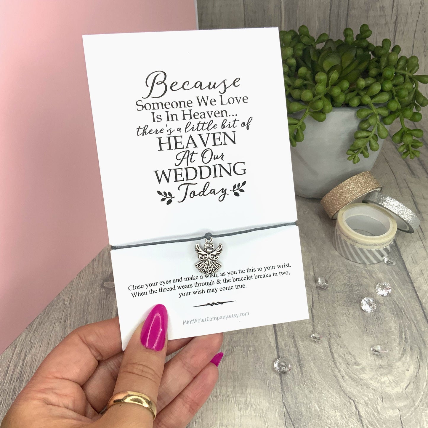 In loving memory remembrance wedding gift card, memorial card for bride and groom, string wish bracelet for newly wed guardian angel charm