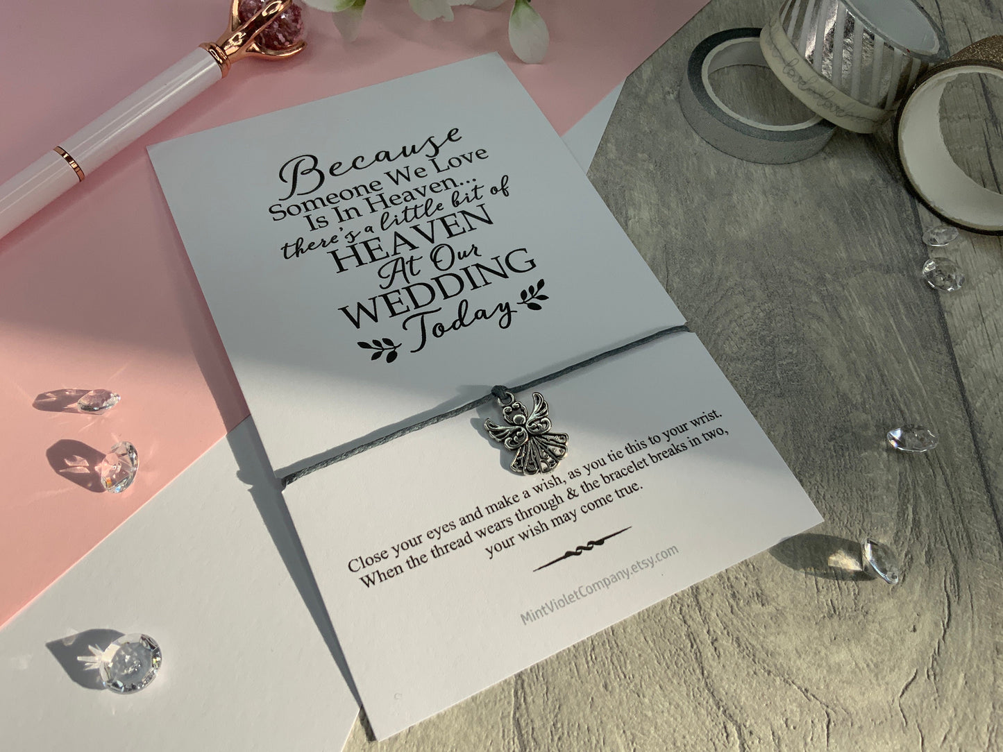 In loving memory remembrance wedding gift card, memorial card for bride and groom, string wish bracelet for newly wed guardian angel charm