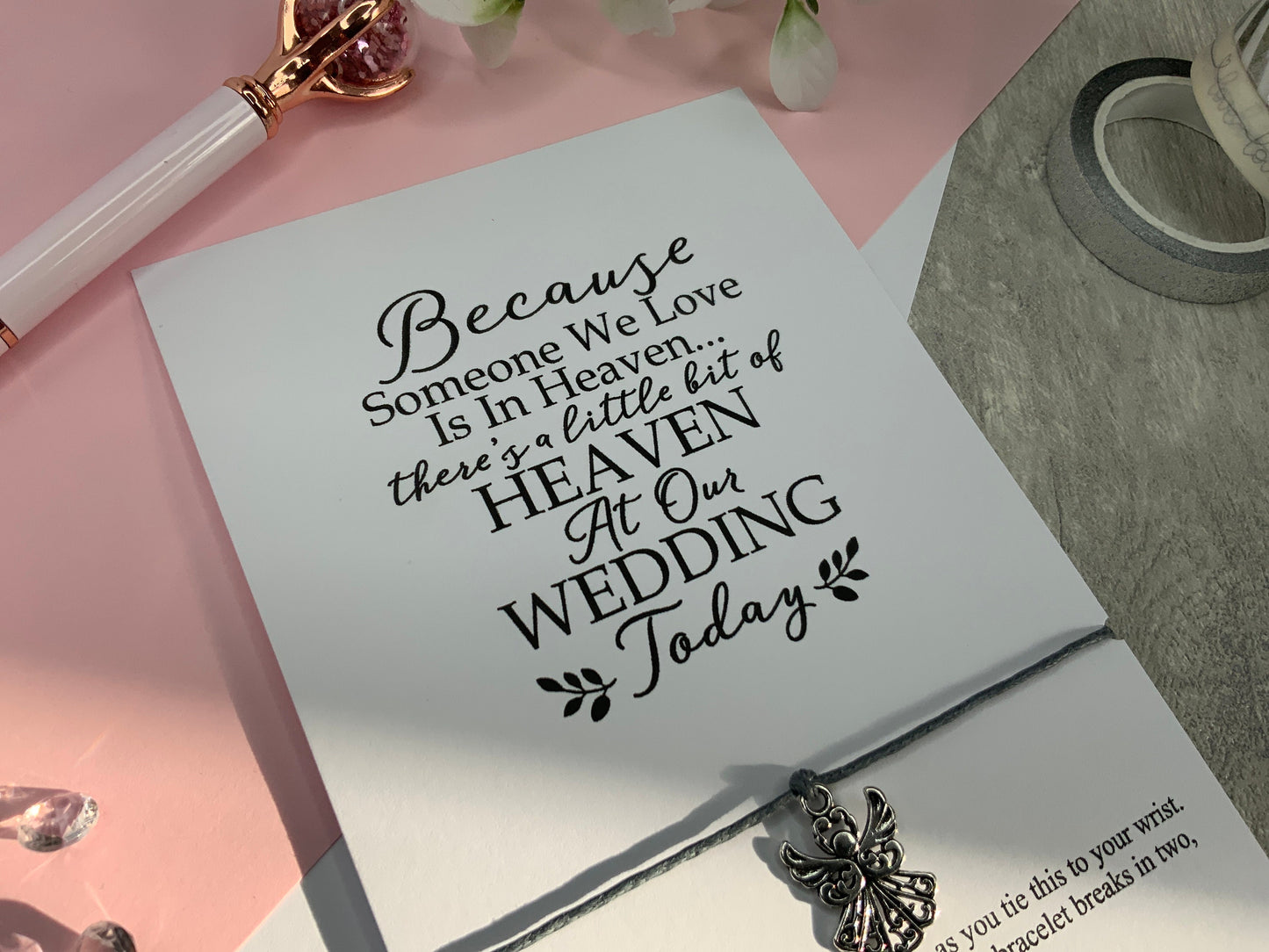 In loving memory remembrance wedding gift card, memorial card for bride and groom, string wish bracelet for newly wed guardian angel charm