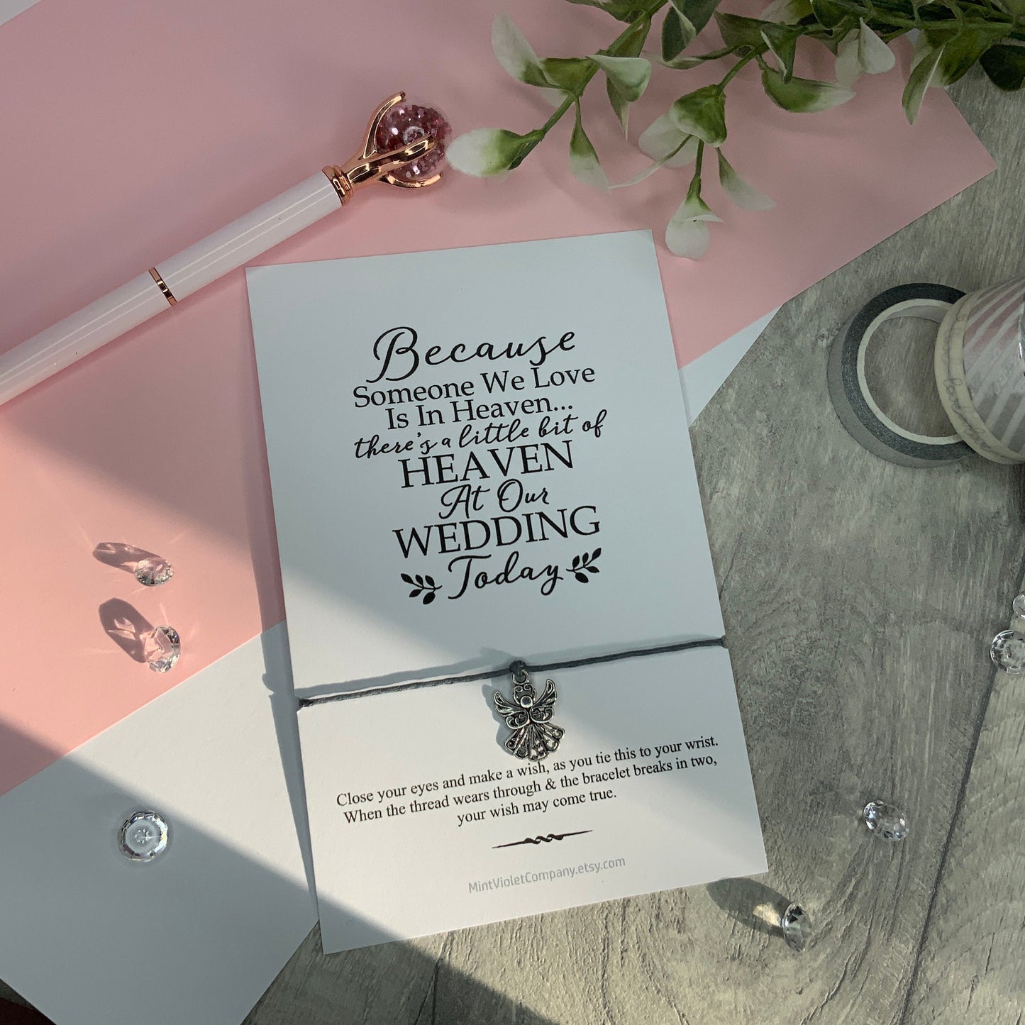 In loving memory remembrance wedding gift card, memorial card for bride and groom, string wish bracelet for newly wed guardian angel charm