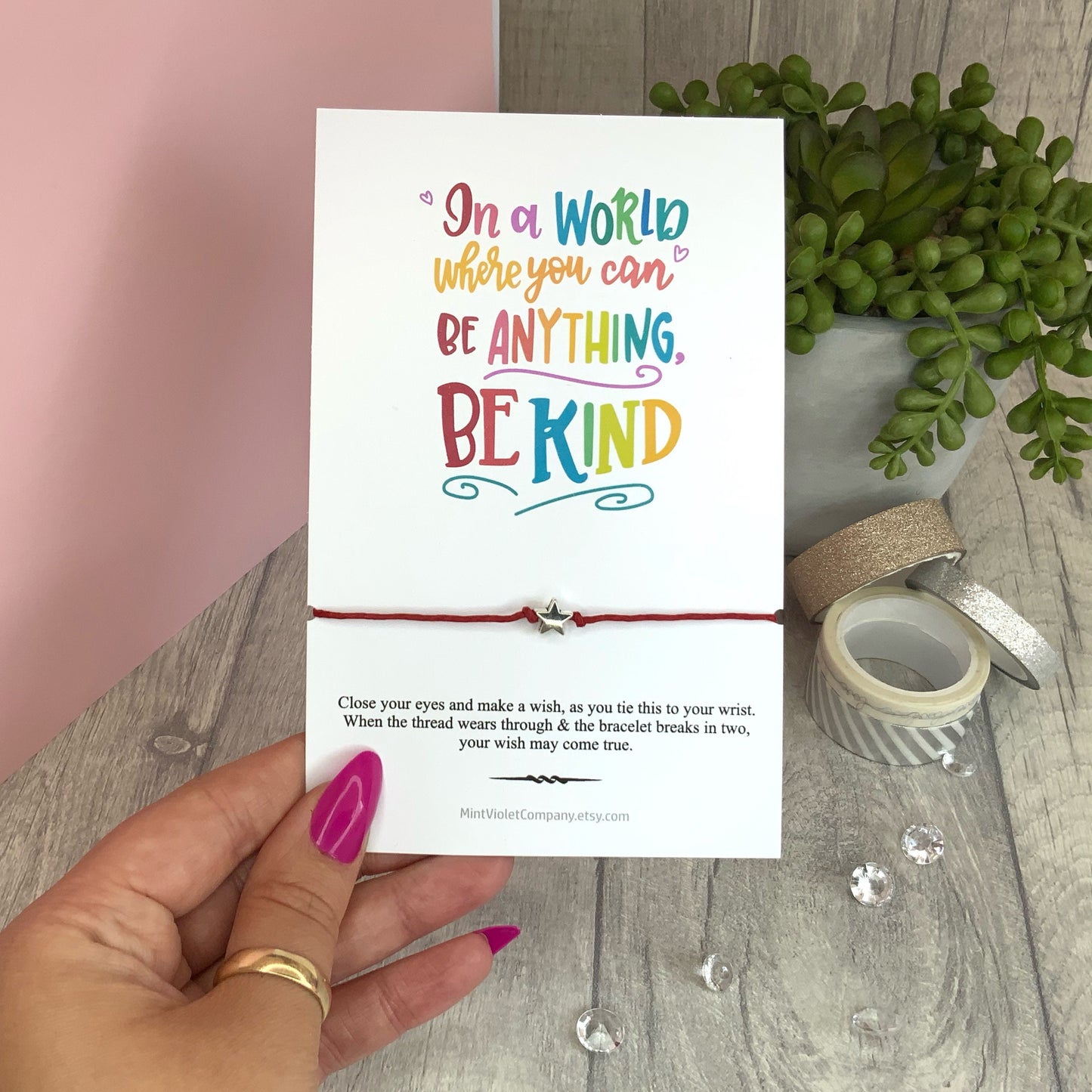 be kind, Mental health awareness bracelet, red string bracelet, kindness card for anxiety in a world where you can be anything be kind