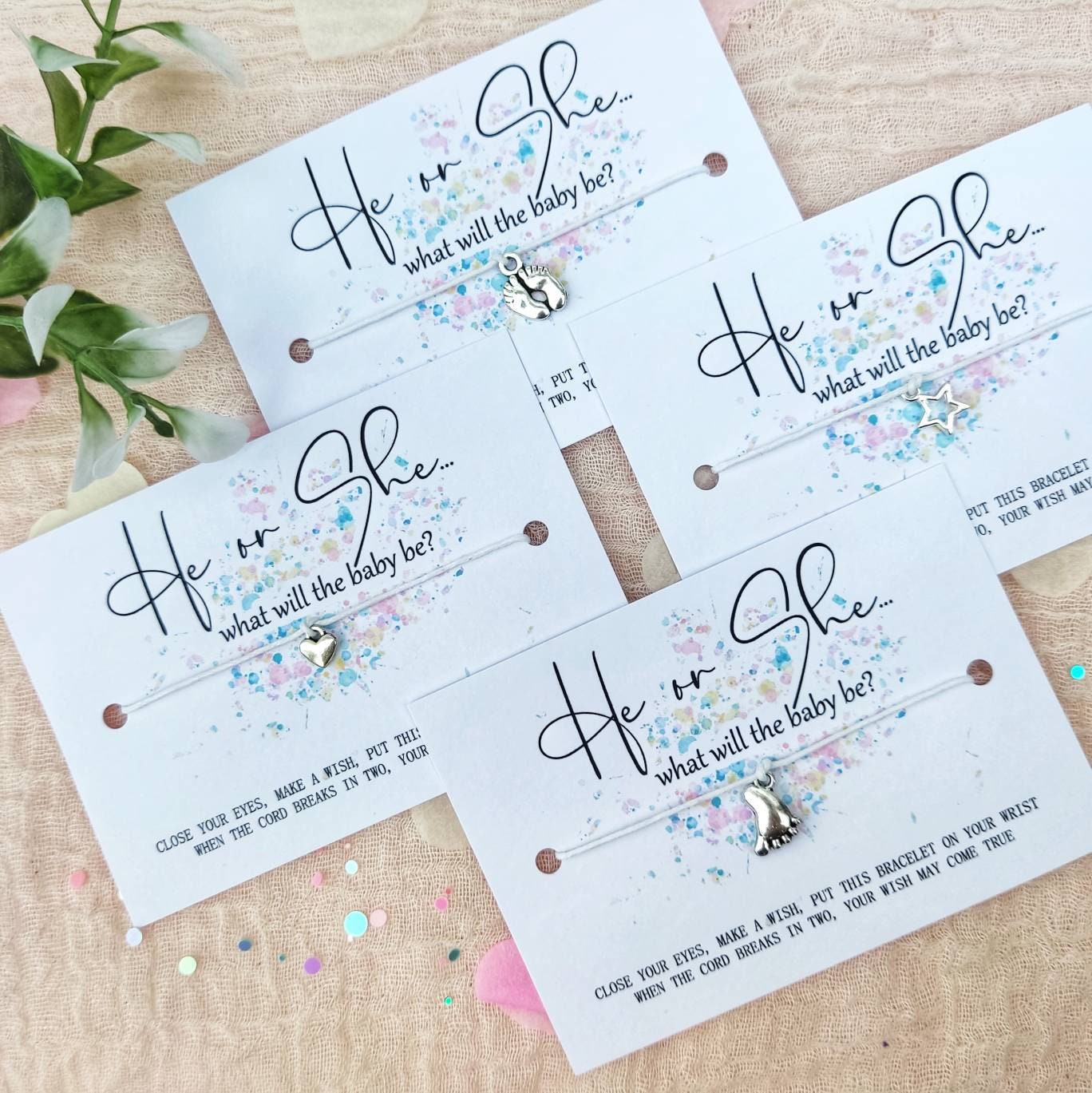 Gender reveal, baby shower favors, baby announcement, pregnancy reveal, he or she what will the baby be?