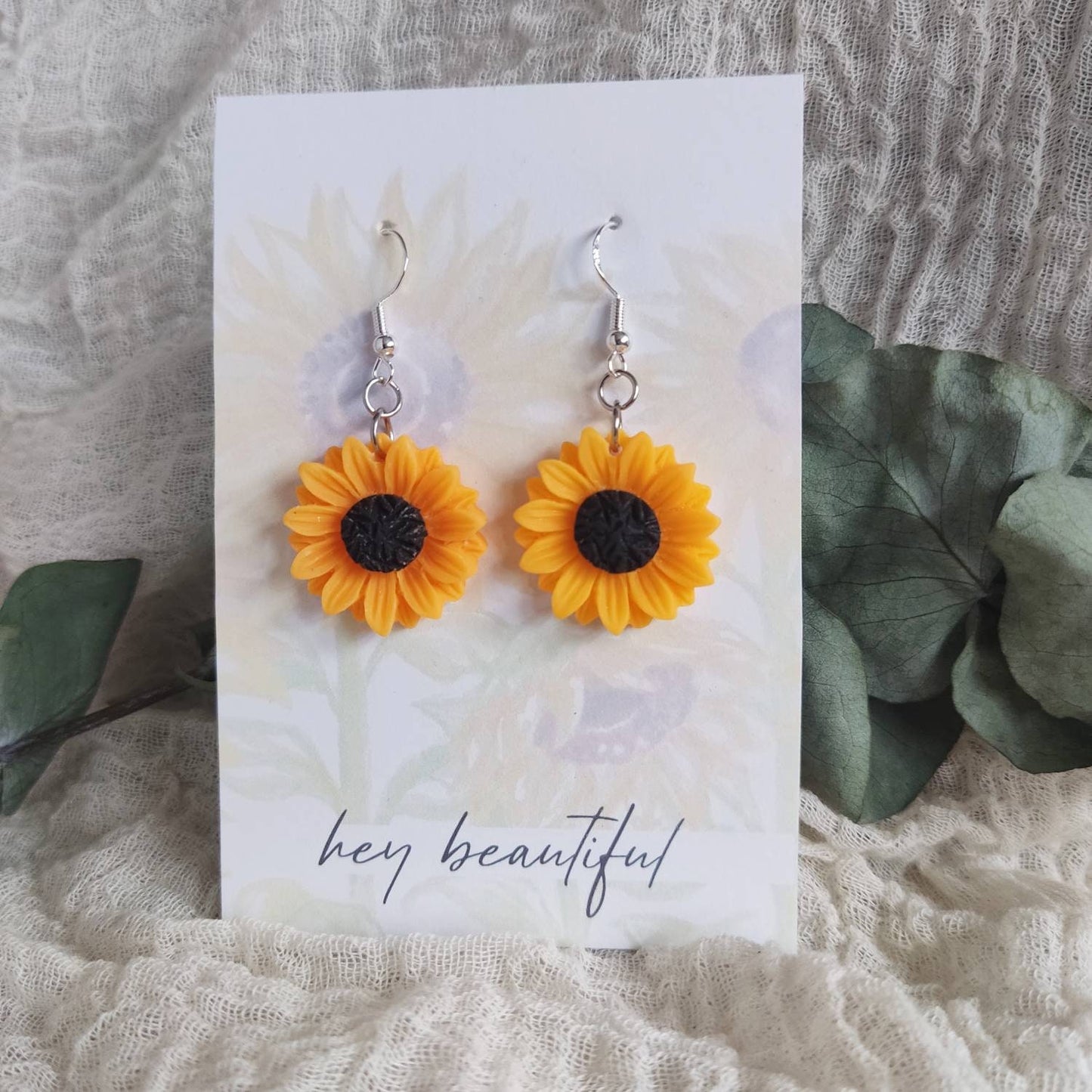 Sunflower earrings / dangle flower earrings with 925 silver plated hooks