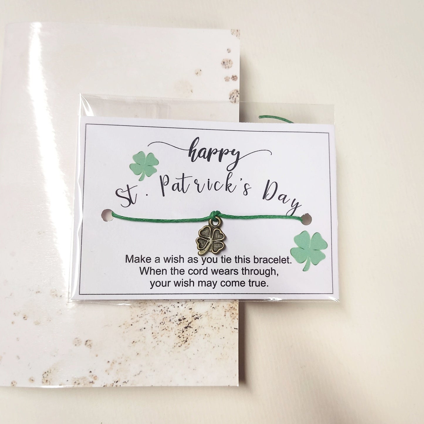 St patrick's day wish bracelet, clover charm gift, green string keepsake, good luck card, Irish celebration
