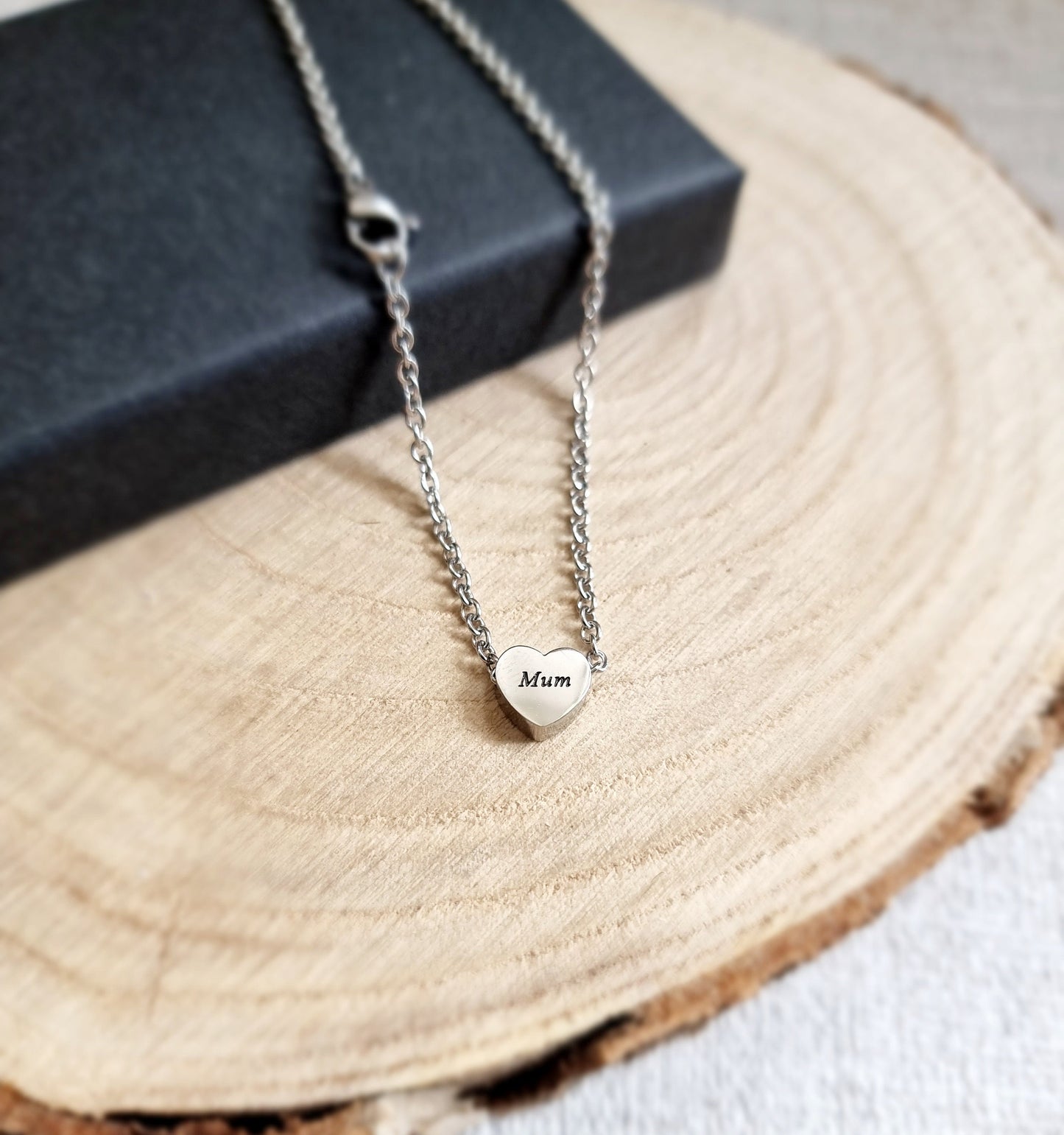 Stainless steel Silver Necklace, Engraved Mum heart bead pendant, Mother's Day gift jewellery, Cable chain for women
