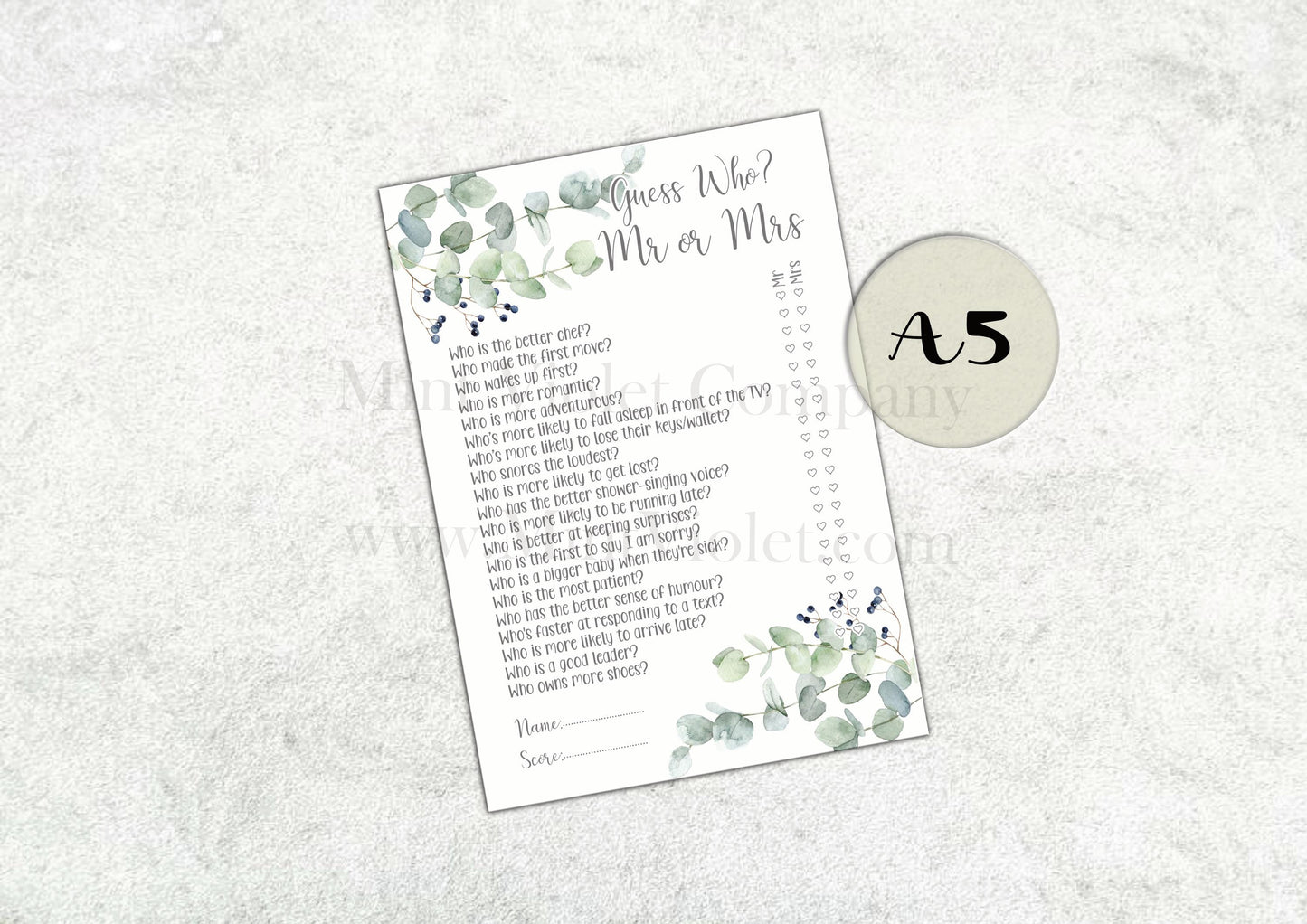 Would she (bride) rather, Hen Party Games, what did the groom say, Mr or Mrs, Guess the dress, Party Accessory, classy eucalyptus Hen Party