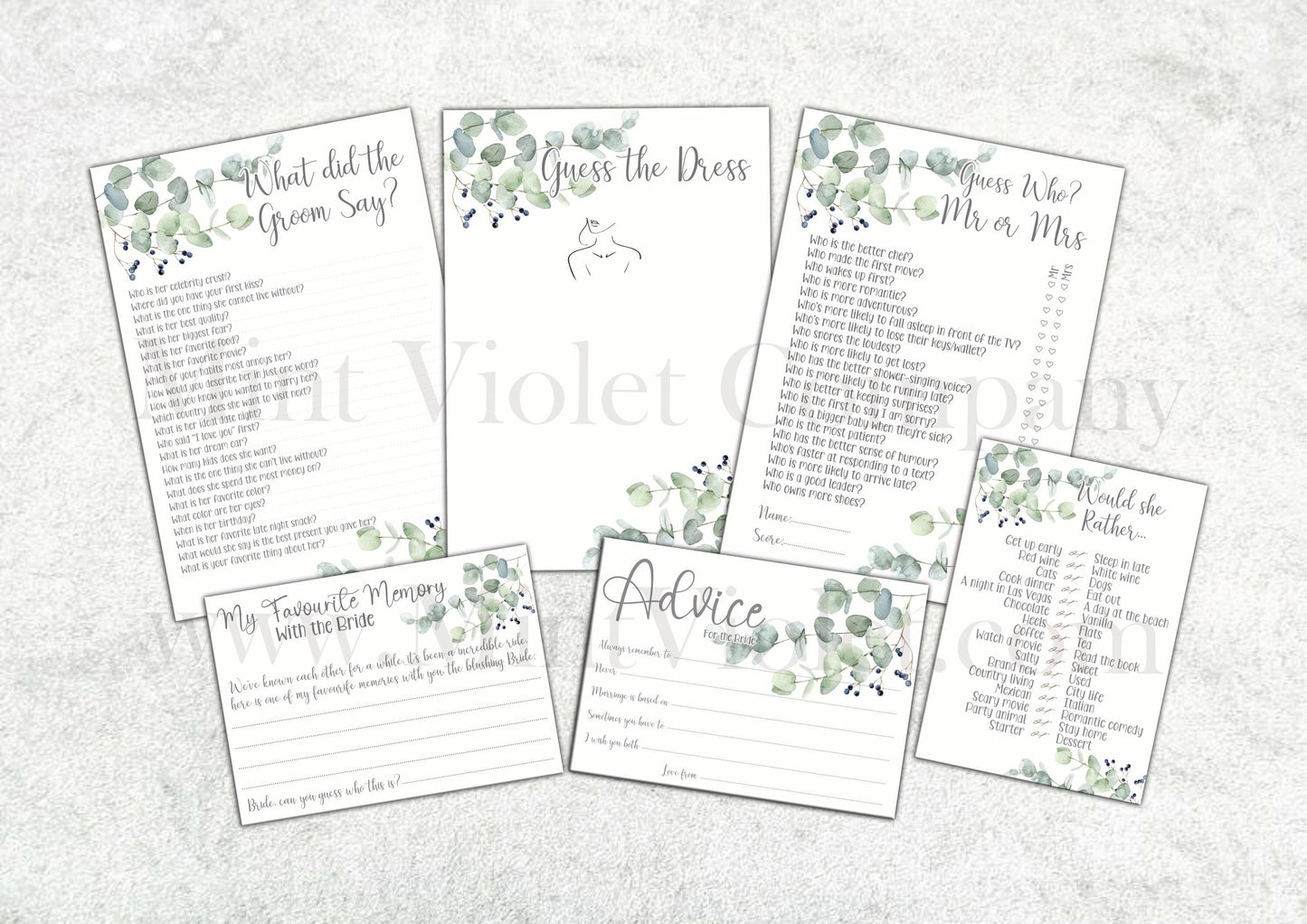 Would she (bride) rather, Hen Party Games, what did the groom say, Mr or Mrs, Guess the dress, Party Accessory, classy eucalyptus Hen Party