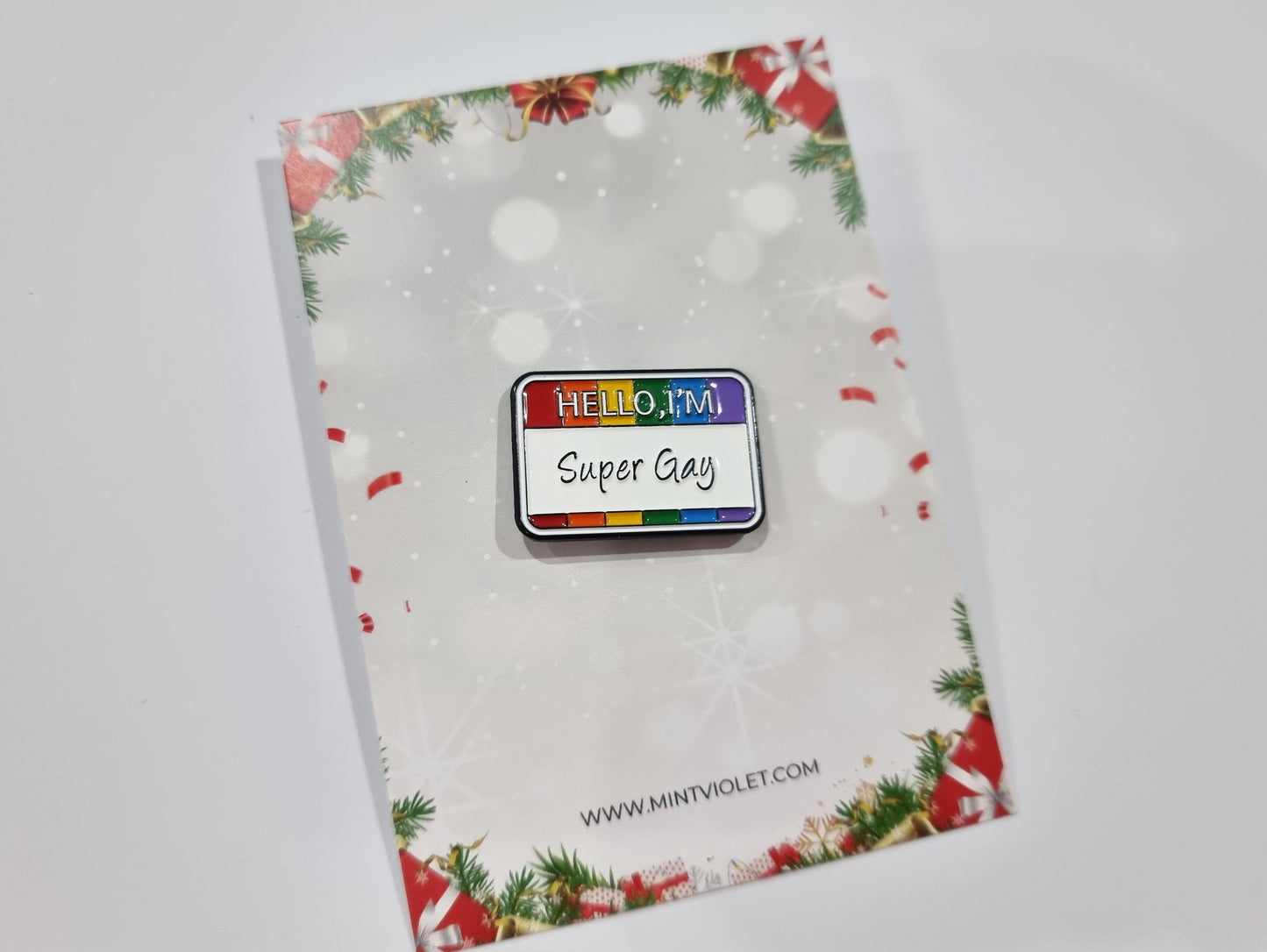 Pride "Hello I'm super gay" Pin, LGBTQ+ Lapel Enamel Pin Badge, Cute Brooch great self-love gift for teacher, rainbow design