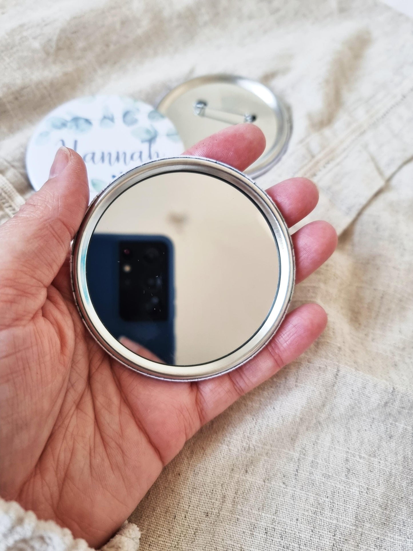Personalised, Name Bride Tribe pocket Mirror or badge, Perfect party bag filler for Hen Do, Bachelorette goody bags. Eucalyptus theme