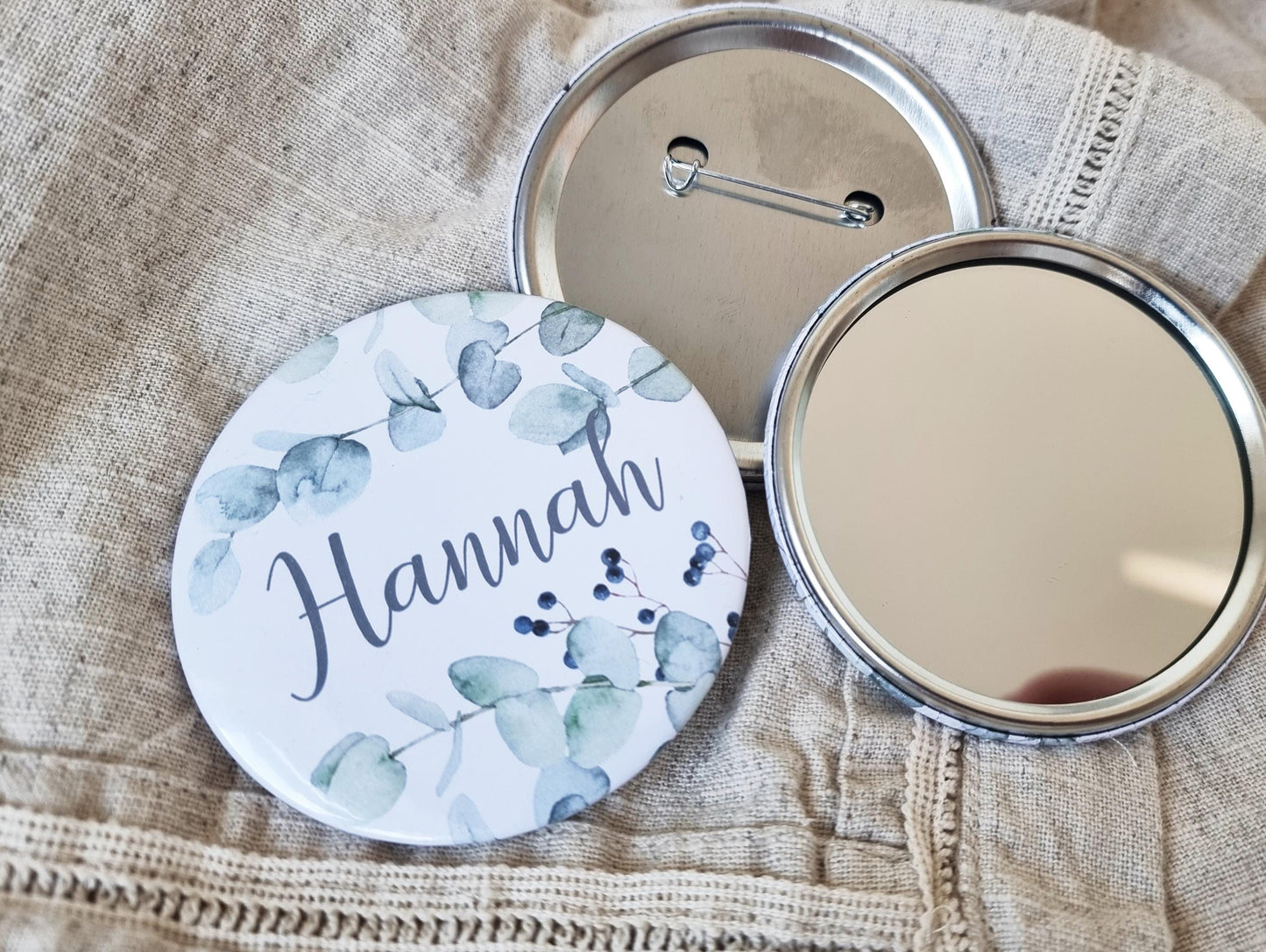Personalised, Name Bride Tribe pocket Mirror or badge, Perfect party bag filler for Hen Do, Bachelorette goody bags. Eucalyptus theme
