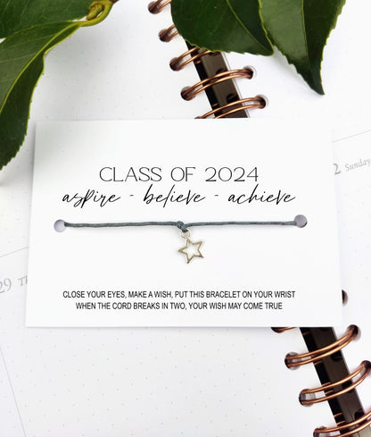 Class of 2024 School leavers gift. Shine like a star Wish Bracelet Card, Gift for students