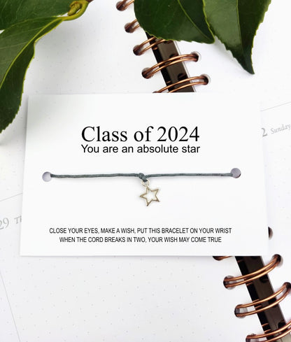 Class of 2024 School leavers gift. Shine like a star Wish Bracelet Card, Gift for students