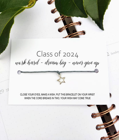 Class of 2024 School leavers gift. Shine like a star Wish Bracelet Card, Gift for students