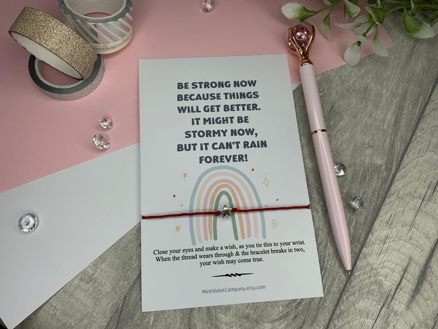 Be strong, mental health red string bracelet, card for positivity and mindfulness , things will get better positive thinking anxiety gift