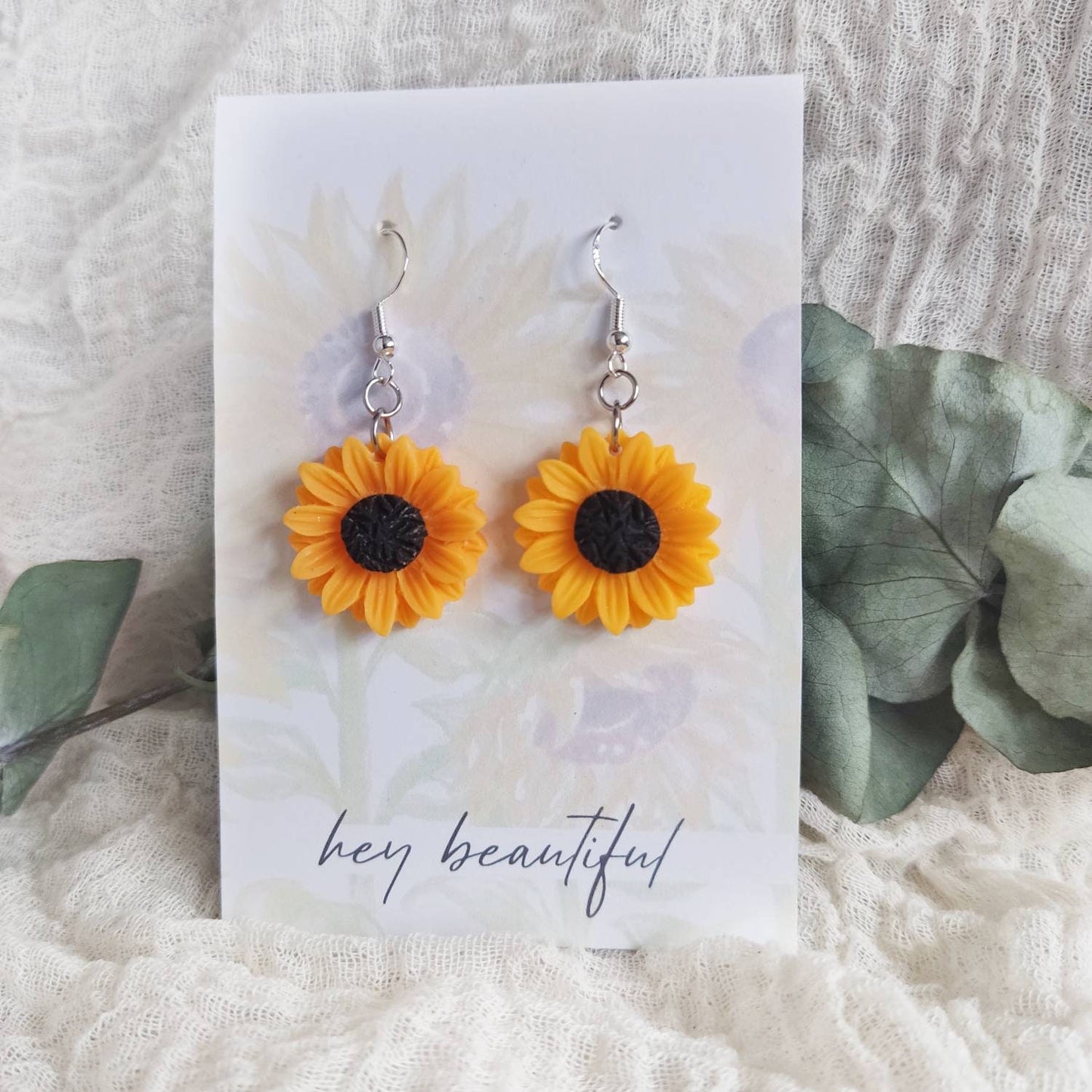 Sunflower earrings / dangle flower earrings with 925 silver plated hooks