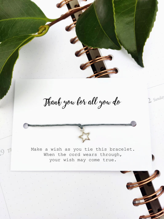 Friendship bracelet Thank You Gift, Thank You Wish Bracelet, String star charm jewellery, Little something for women and men