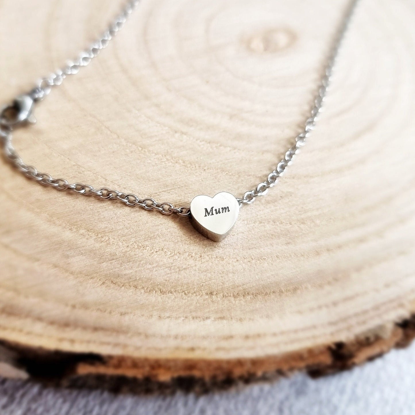 Stainless steel Silver Necklace, Engraved Mum heart bead pendant, Mother's Day gift jewellery, Cable chain for women