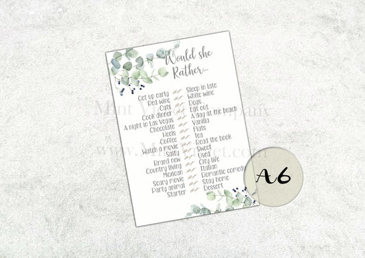 Would she (bride) rather, Hen Party Games, what did the groom say, Mr or Mrs, Guess the dress, Party Accessory, classy eucalyptus Hen Party