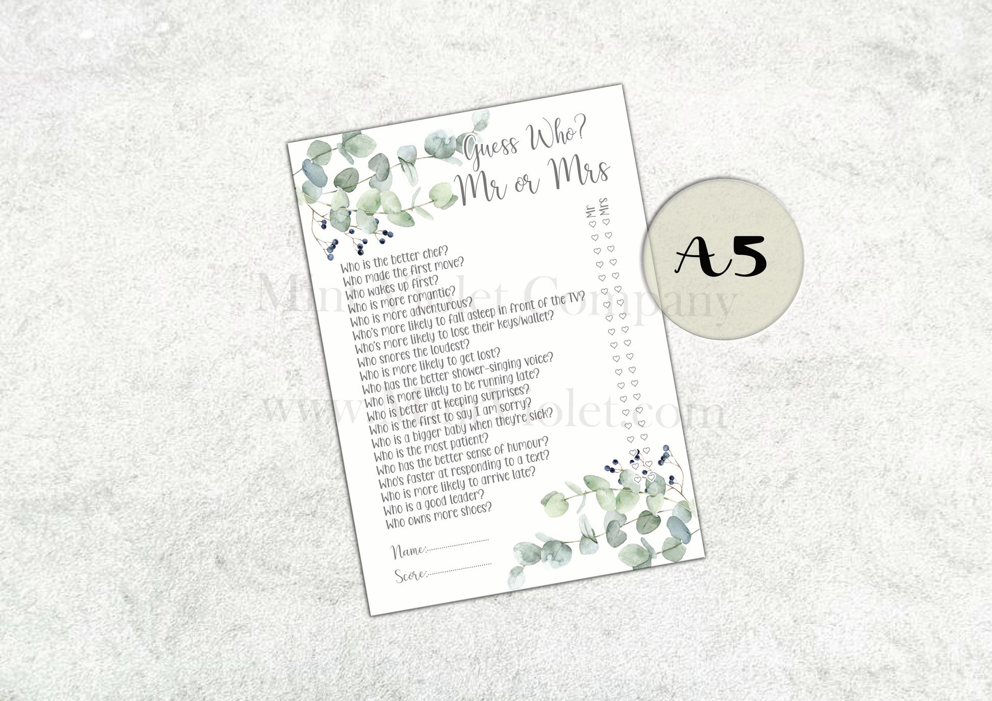 Would she (bride) rather, Hen Party Games, what did the groom say, Mr or Mrs, Guess the dress, Party Accessory, classy eucalyptus Hen Party