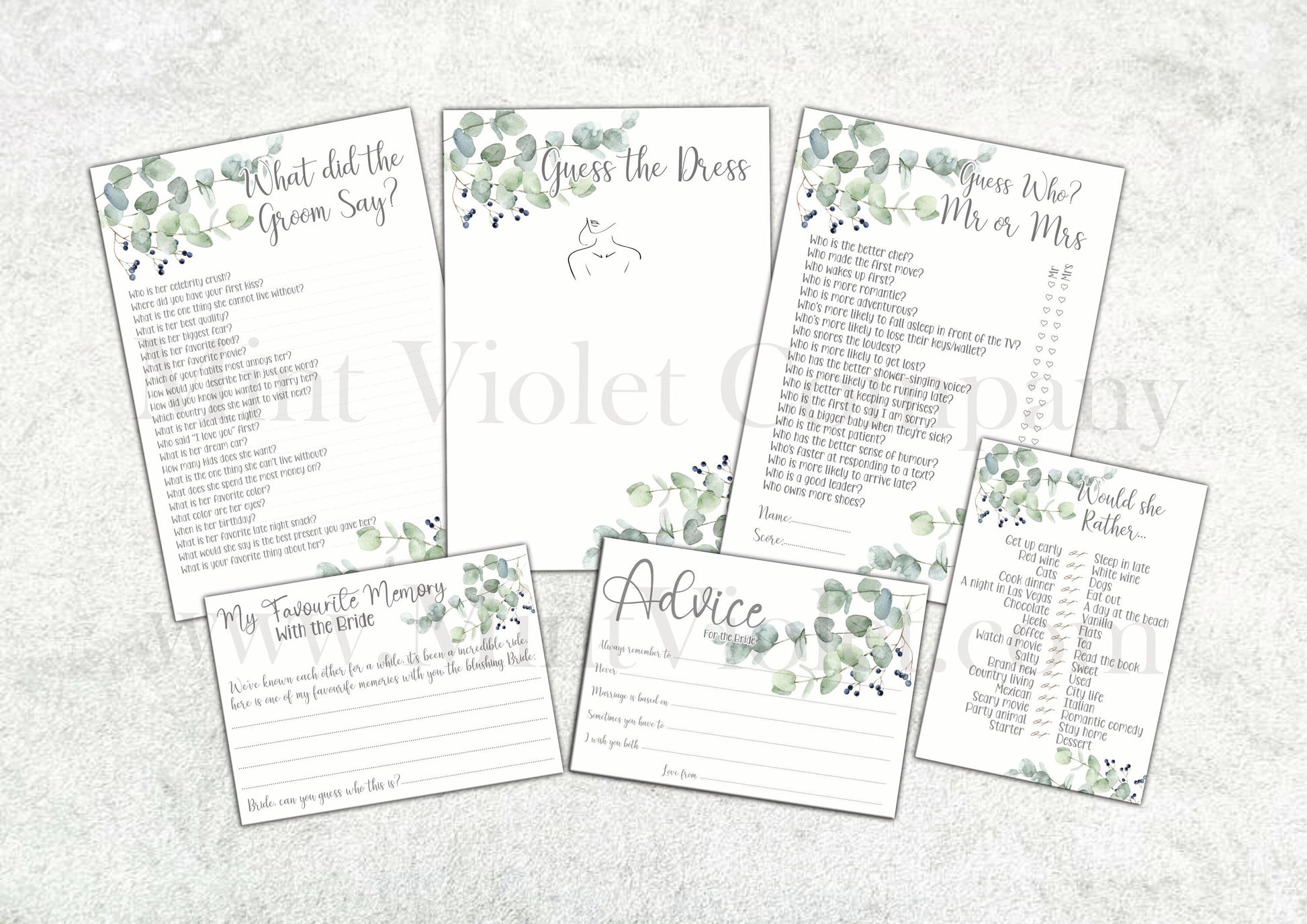 Would she (bride) rather, Hen Party Games, what did the groom say, Mr or Mrs, Guess the dress, Party Accessory, classy eucalyptus Hen Party
