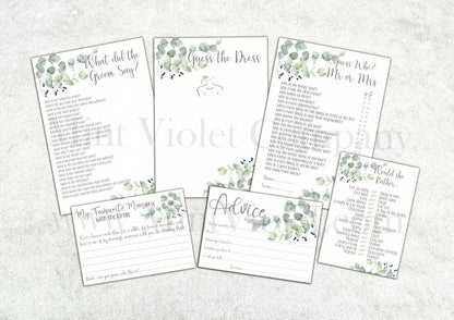 Hen Party Games, what did the groom say, Mr or Mrs, Would she rather, Guess the dress, Party Accessories, classy eucalyptus Hen Party