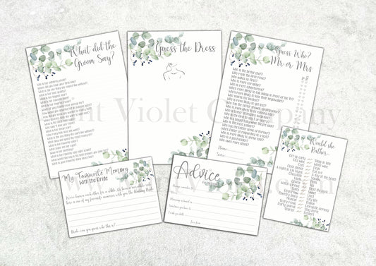 Hen Party Games, what did the groom say, Mr or Mrs, Would she rather, Guess the dress, Party Accessories, classy eucalyptus Hen Party