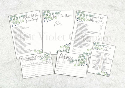 Mr or Mrs, Hen Party Games, what did the groom say, Would she rather, Guess the dress, Party Accessories, classy eucalyptus Hen Party