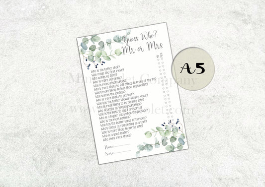 Mr or Mrs, Hen Party Games, what did the groom say, Would she rather, Guess the dress, Party Accessories, classy eucalyptus Hen Party