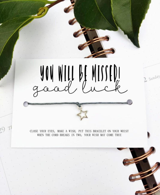 Good luck you will be missed, School leavers, New Job or school gift, Wish Bracelet Card, Gift for pupils, students, University, College