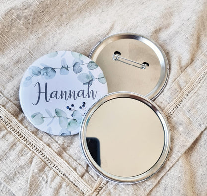 Personalised, Name Bride Tribe pocket Mirror or badge, Perfect party bag filler for Hen Do, Bachelorette goody bags. Eucalyptus theme