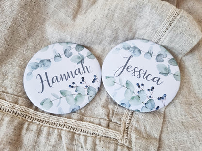 Personalised, Name Bride Tribe pocket Mirror or badge, Perfect party bag filler for Hen Do, Bachelorette goody bags. Eucalyptus theme